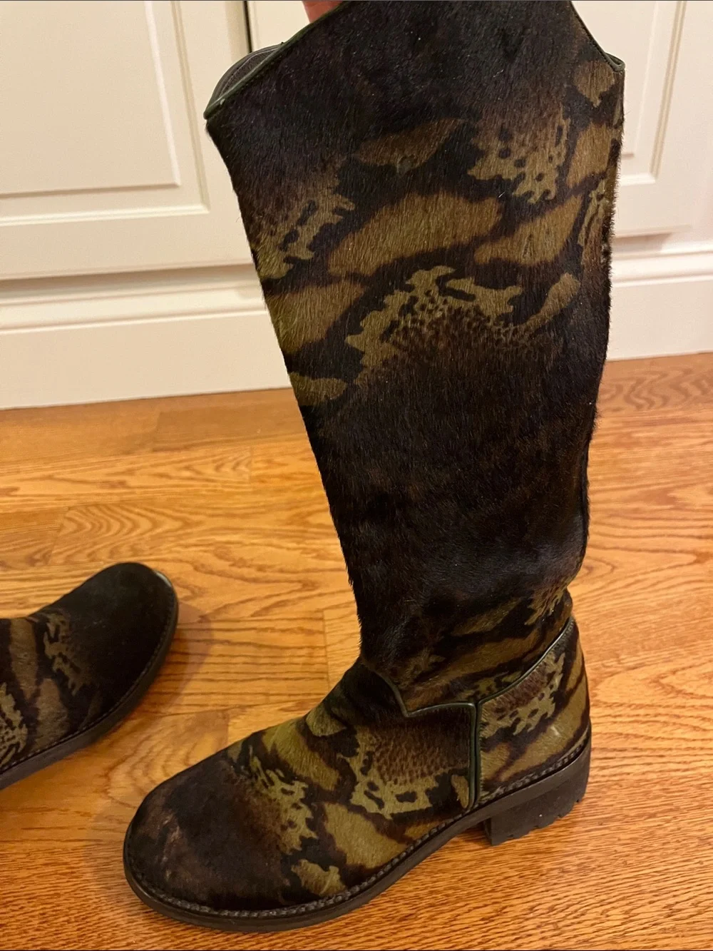 Soft calfskin Italian Women's Tall Patterned Suede Boots in Olive Brown